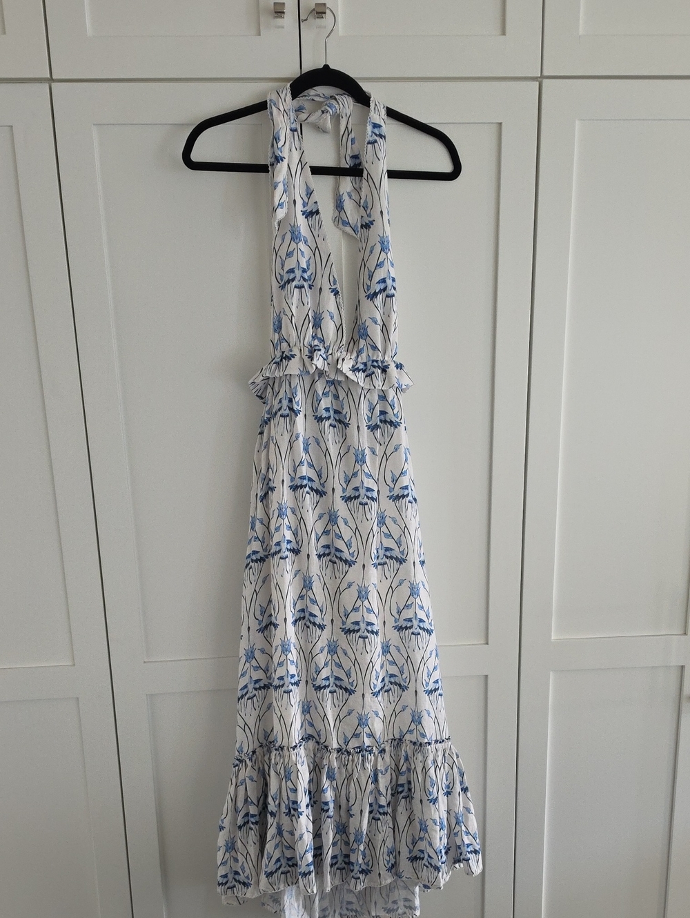 Agua Bendita White and Blue Floral Halter Maxi Dress